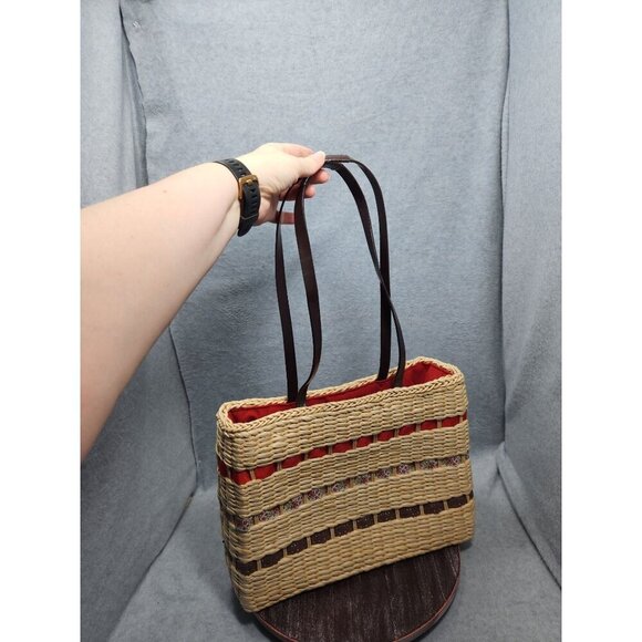 Woven Straw Tote Bag With Floral Accents & Red Lining - Picture 4 of 14